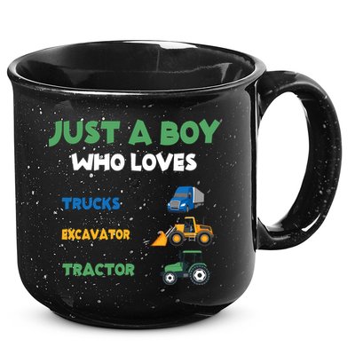 Just A Boy Who Loves Trucks Excavators Tractors Vehicle 15oz Campfire Ceramic Mug