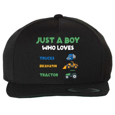 Just A Boy Who Loves Trucks Excavators Tractors Vehicle Wool Snapback Cap