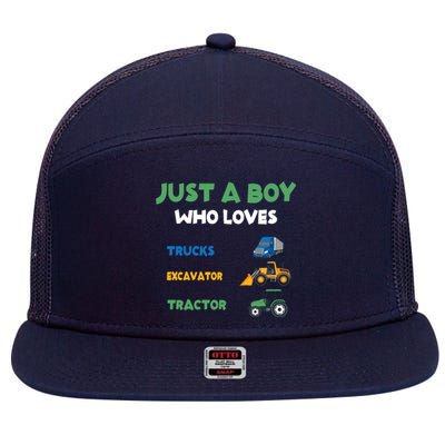 Just A Boy Who Loves Trucks Excavators Tractors Vehicle 7 Panel Mesh Trucker Snapback Hat