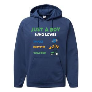 Just A Boy Who Loves Trucks Excavators Tractors Vehicle Performance Fleece Hoodie