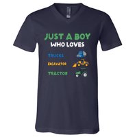 Just A Boy Who Loves Trucks Excavators Tractors Vehicle V-Neck T-Shirt