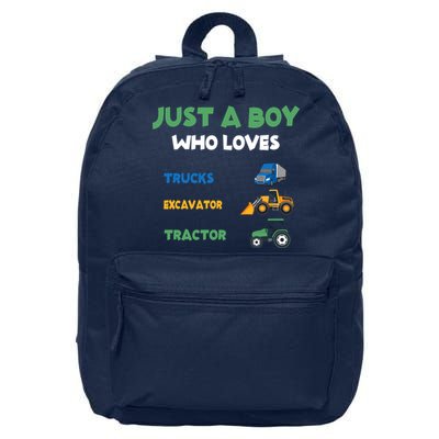 Just A Boy Who Loves Trucks Excavators Tractors Vehicle 16 in Basic Backpack