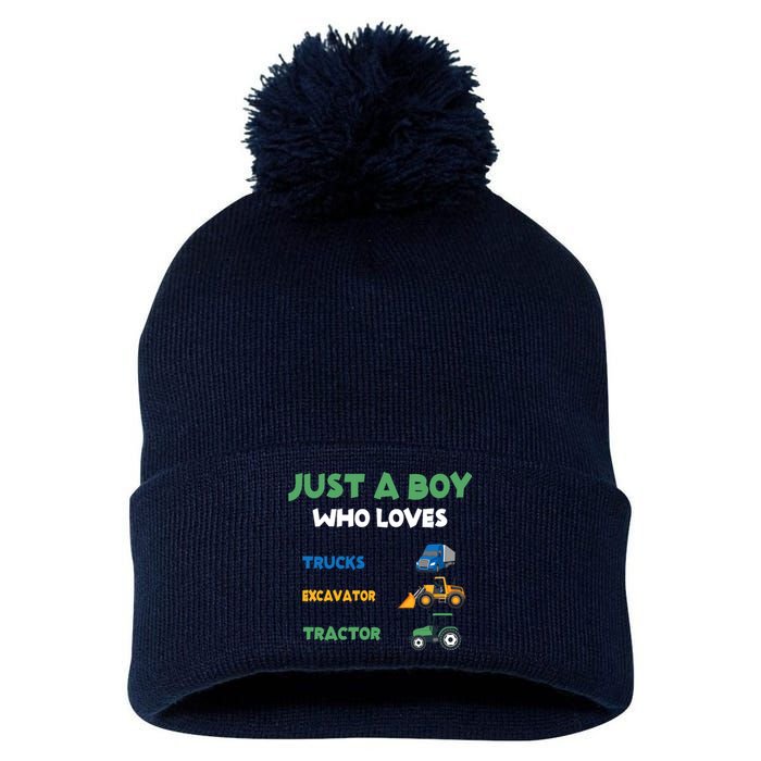 Just A Boy Who Loves Trucks Excavators Tractors Vehicle Pom Pom 12in Knit Beanie