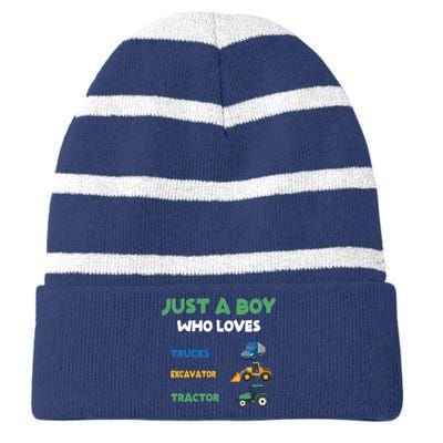 Just A Boy Who Loves Trucks Excavators Tractors Vehicle Striped Beanie with Solid Band