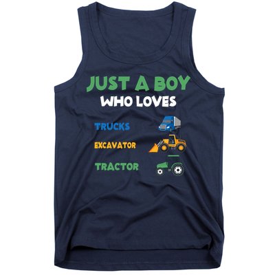 Just A Boy Who Loves Trucks Excavators Tractors Vehicle Tank Top
