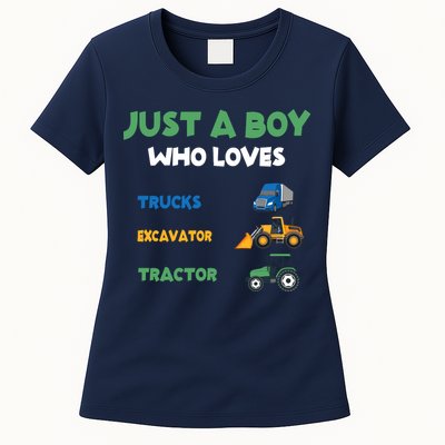 Just A Boy Who Loves Trucks Excavators Tractors Vehicle Womens T-Shirt