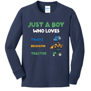 Just A Boy Who Loves Trucks Excavators Tractors Vehicle Kids Long Sleeve Shirt