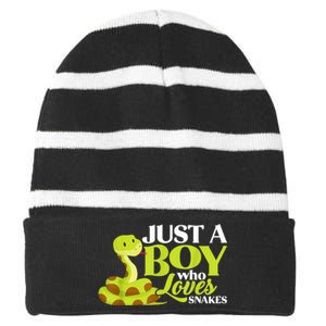 Just A Boy Who Loves Snakes Funny Gift For Snake Lover Striped Beanie with Solid Band