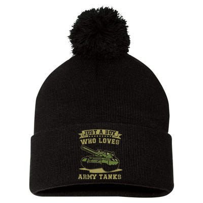 Just A Boy Who Loves Army Tanks Military WW2 Tanks Pom Pom 12in Knit Beanie