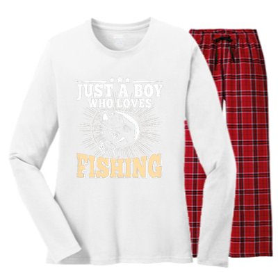 Just A Boy Who Loves Fishing Funny Bass Fish Fisherman Women's Long Sleeve Flannel Pajama Set 