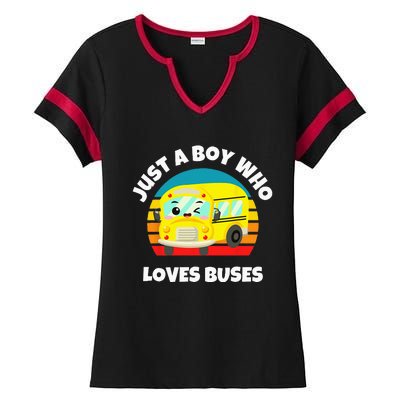 Just A Boy Who Loves Buses Birthday Yellow School Bus Lover Ladies Halftime Notch Neck Tee