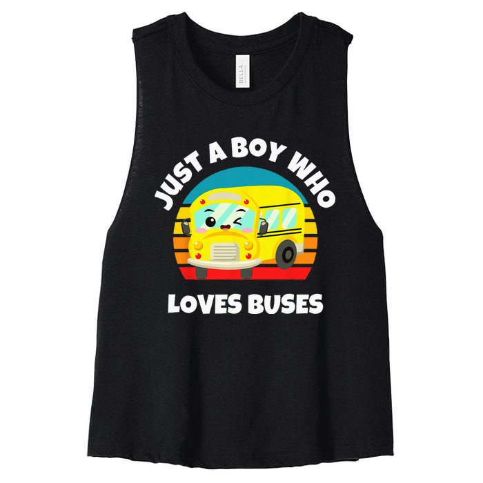 Just A Boy Who Loves Buses Birthday Yellow School Bus Lover Women's Racerback Cropped Tank