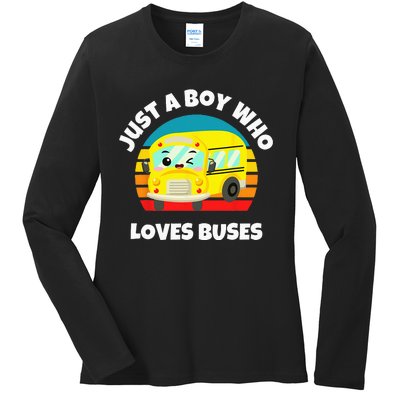 Just A Boy Who Loves Buses Birthday Yellow School Bus Lover Ladies Long Sleeve Shirt