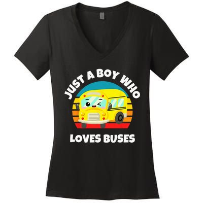 Just A Boy Who Loves Buses Birthday Yellow School Bus Lover Women's V-Neck T-Shirt