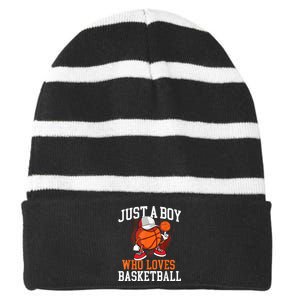 Just A Bo Y Who Loves Basketball Player Hoops Striped Beanie with Solid Band