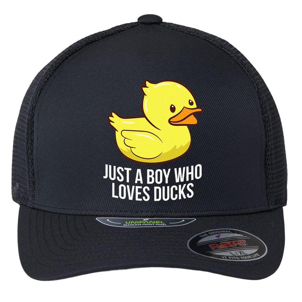 Just A Boy Who Loves Ducks Rubber Duck Flexfit Unipanel Trucker Cap