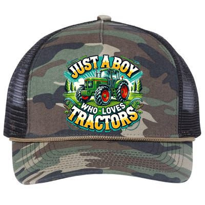 Just A Boy Who Loves Tractors Retro Rope Trucker Hat Cap