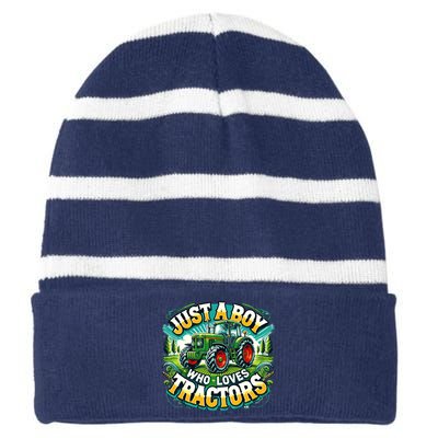 Just A Boy Who Loves Tractors Striped Beanie with Solid Band