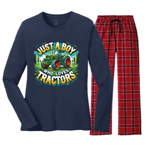 Just A Boy Who Loves Tractors Women's Long Sleeve Flannel Pajama Set 