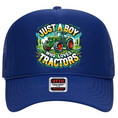 Just A Boy Who Loves Tractors High Crown Mesh Back Trucker Hat