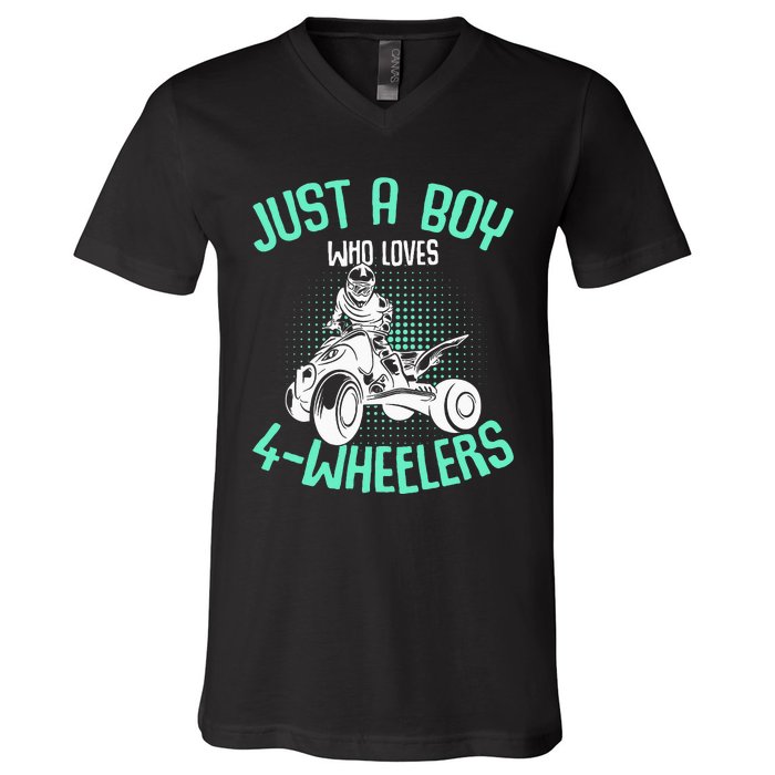 Just A Boy Who Loves 4 Wheelers Atv Quad V-Neck T-Shirt