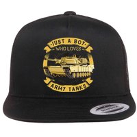 Just A Boy Who Loves Army Tanks For Military Boy Flat Bill Trucker Hat