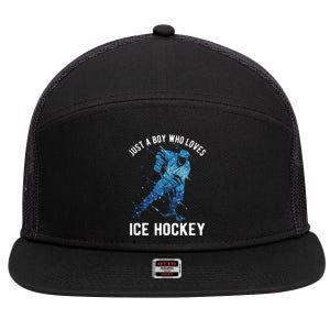 Just A Boy Who Loves Ice Hockey 7 Panel Mesh Trucker Snapback Hat