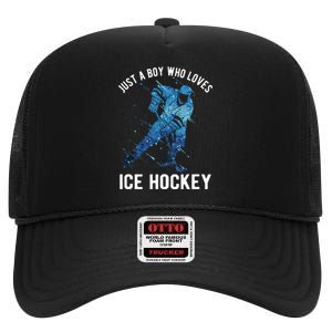 Just A Boy Who Loves Ice Hockey High Crown Mesh Back Trucker Hat