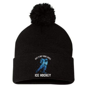 Just A Boy Who Loves Ice Hockey Pom Pom 12in Knit Beanie