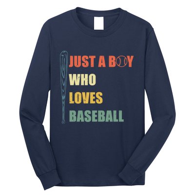 Just A Boy Who Loves Baseball Funny Retro Baseball Long Sleeve Shirt