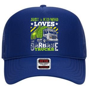 Just A Boy Who Loves Garbage Trucks Funny High Crown Mesh Back Trucker Hat