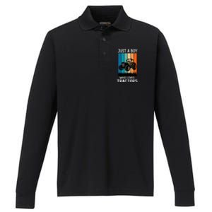 Just A Boy Who Loves Tractors Farm Lifestyle Boy Performance Long Sleeve Polo