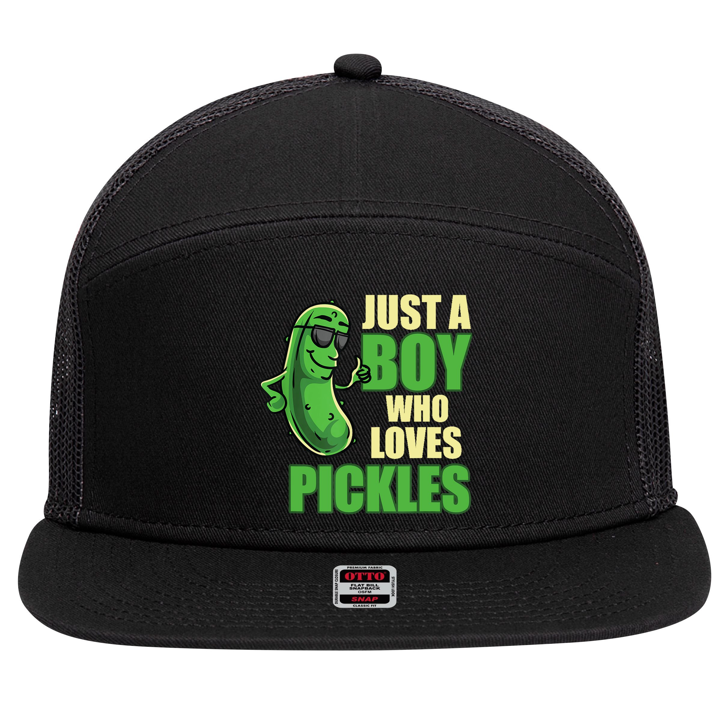 Just A Boy Who Loves Pickles Funny Pickle Boy 7 Panel Mesh Trucker Snapback Hat