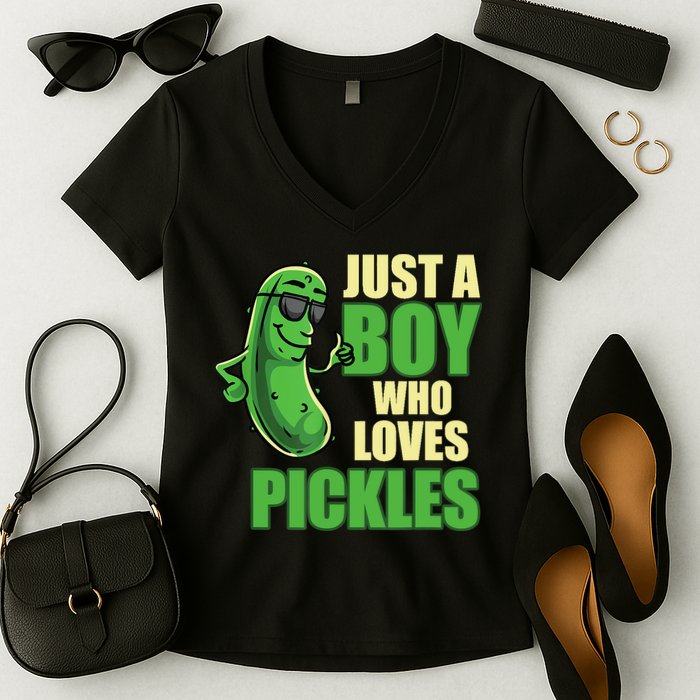 Just A Boy Who Loves Pickles Funny Pickle Boy Women's V-Neck T-Shirt