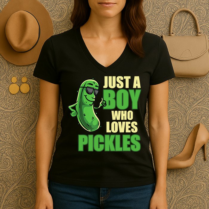 Just A Boy Who Loves Pickles Funny Pickle Boy Women's V-Neck T-Shirt