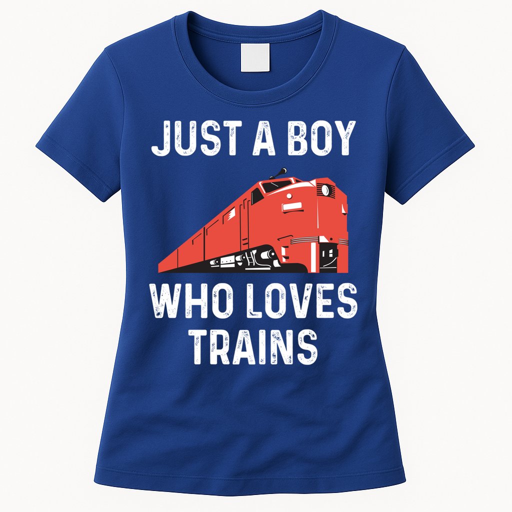 Just A Boy Who Loves Trains Great Gift Cool Boys Trainspotting Gift Womens T-Shirt