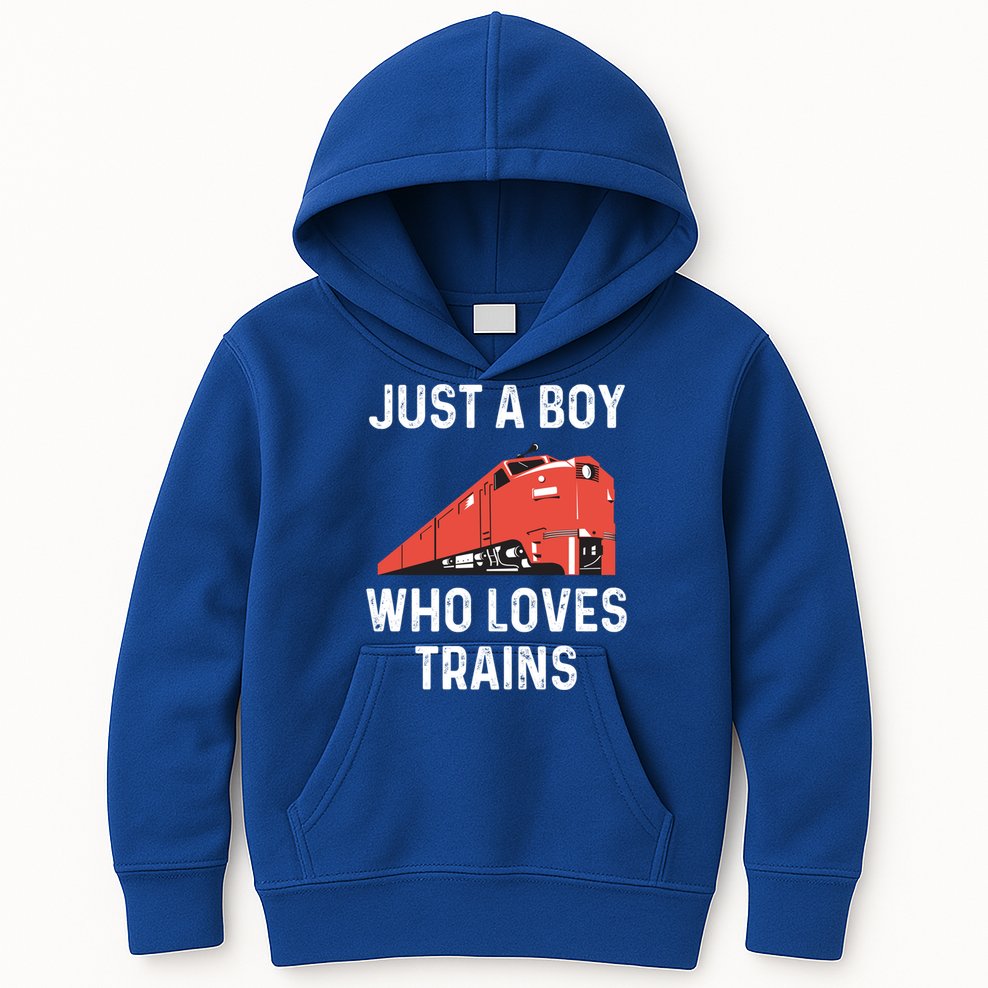 Just A Boy Who Loves Trains Great Gift Cool Boys Trainspotting Gift Kids Hoodie