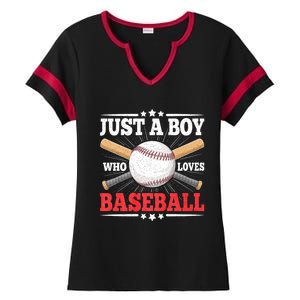 Just A Boy Who Loves Baseball Funny Baseball Player Ladies Halftime Notch Neck Tee