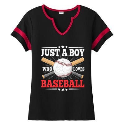 Just A Boy Who Loves Baseball Funny Baseball Player Ladies Halftime Notch Neck Tee