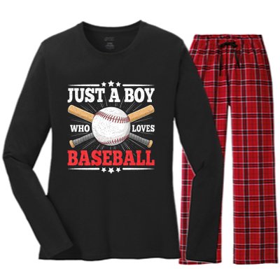 Just A Boy Who Loves Baseball Funny Baseball Player Women's Long Sleeve Flannel Pajama Set 