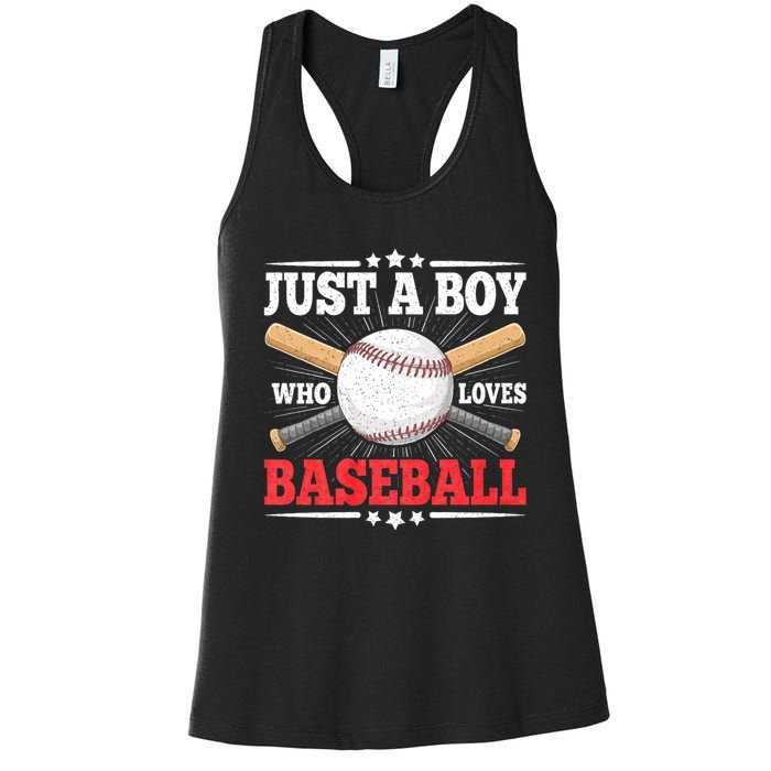 Just A Boy Who Loves Baseball Funny Baseball Player Women's Racerback Tank