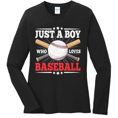 Just A Boy Who Loves Baseball Funny Baseball Player Ladies Long Sleeve Shirt