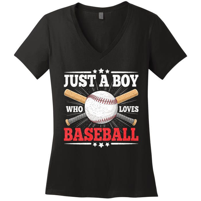 Just A Boy Who Loves Baseball Funny Baseball Player Women's V-Neck T-Shirt