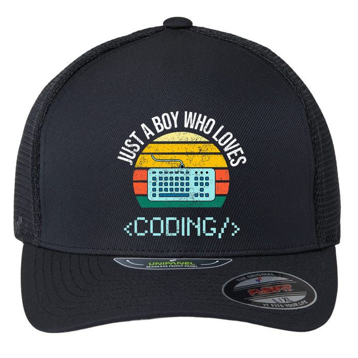 Just A Boy Who Loves Coding Computer Flexfit Unipanel Trucker Cap