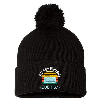 Just A Boy Who Loves Coding Computer Pom Pom 12in Knit Beanie