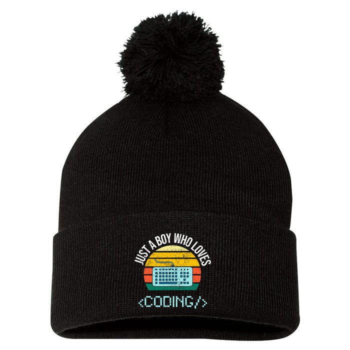 Just A Boy Who Loves Coding Computer Pom Pom 12in Knit Beanie