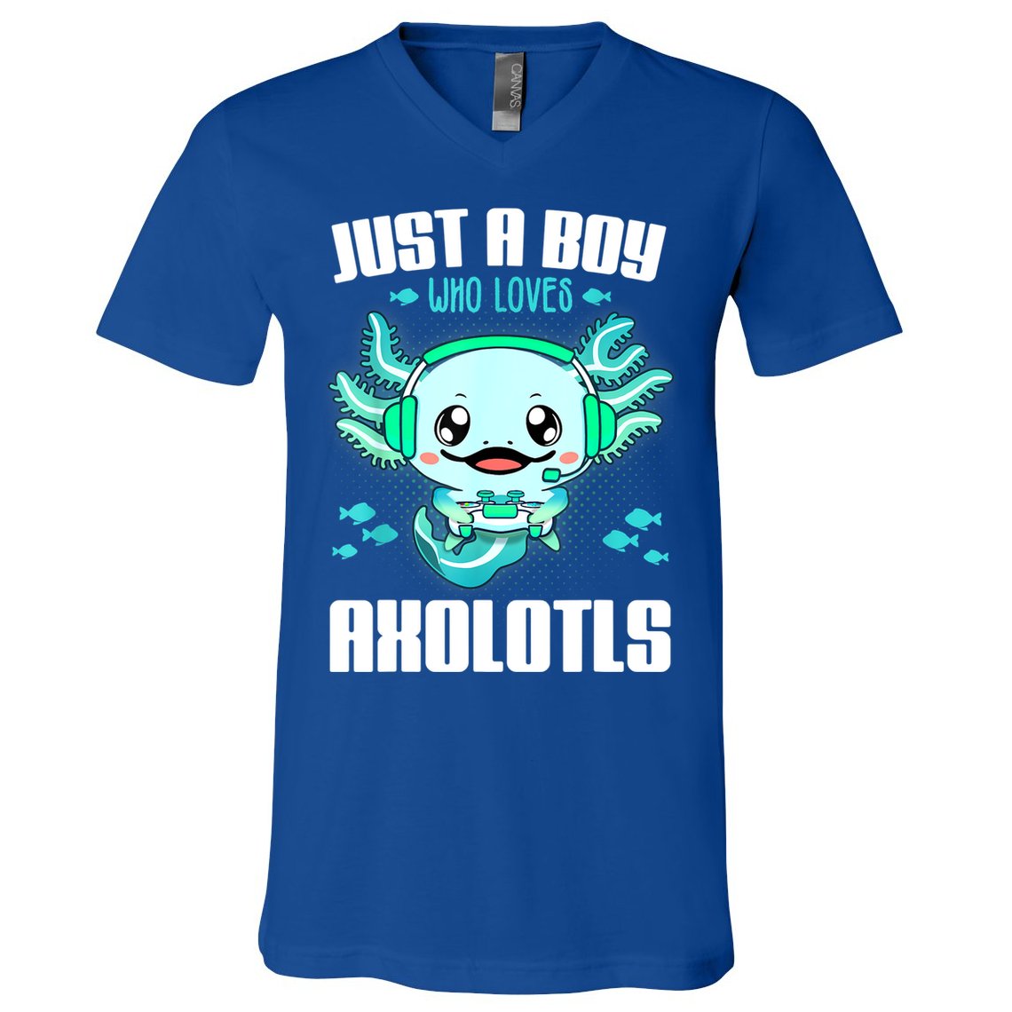 Just A Boy Who Loves Axolotls Funny Axolotl Gamer Kids Boys V-Neck T-Shirt