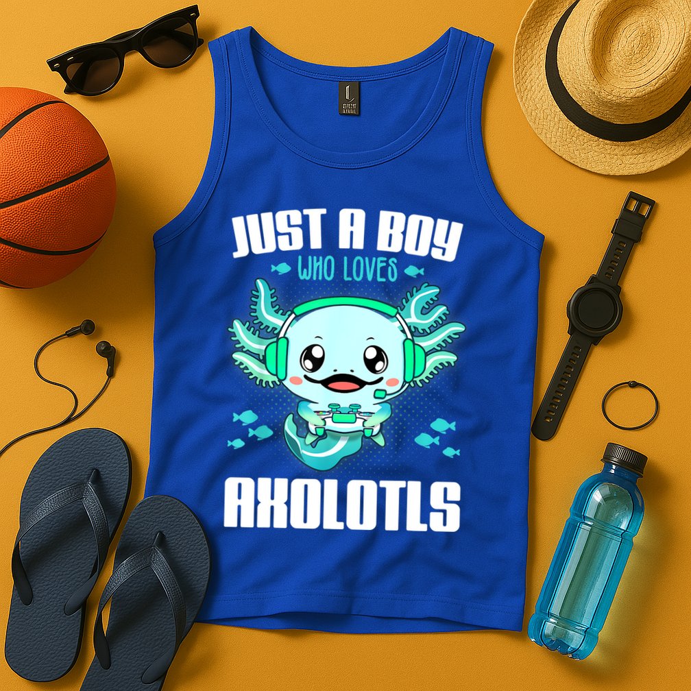 Just A Boy Who Loves Axolotls Funny Axolotl Gamer Kids Boys Tank Top