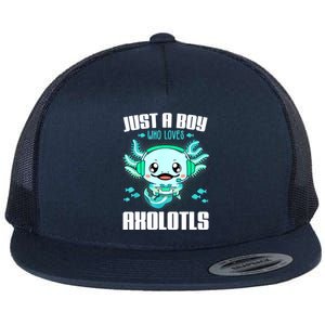 Just A Boy Who Loves Axolotls Funny Axolotl Gamer Kids Boys Flat Bill Trucker Hat