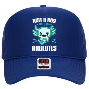 Just A Boy Who Loves Axolotls Funny Axolotl Gamer Kids Boys High Crown Mesh Back Trucker Hat